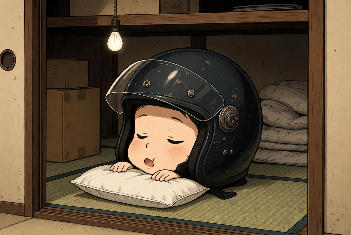 押し入れに眠るバイクウェアとヘルメット