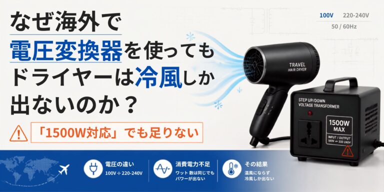 海外で変圧器を使ってもドライヤーが冷風しか出ない理由｜「1500W対応」でも足りません