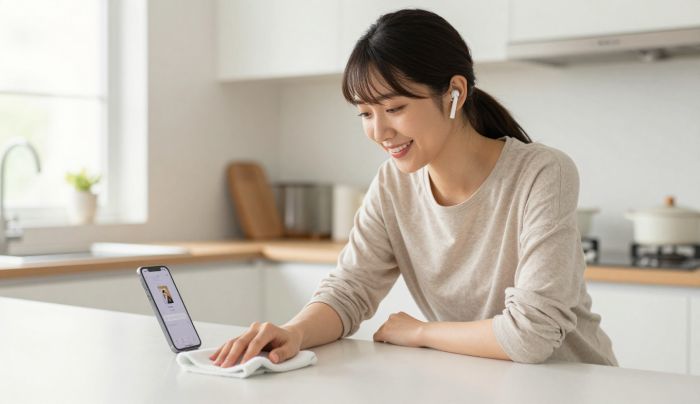 イヤホンでAudiobuleで聴き家事するイメージ