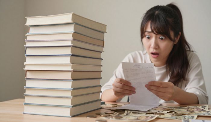 積まれた本と「本代が高い」イメージ