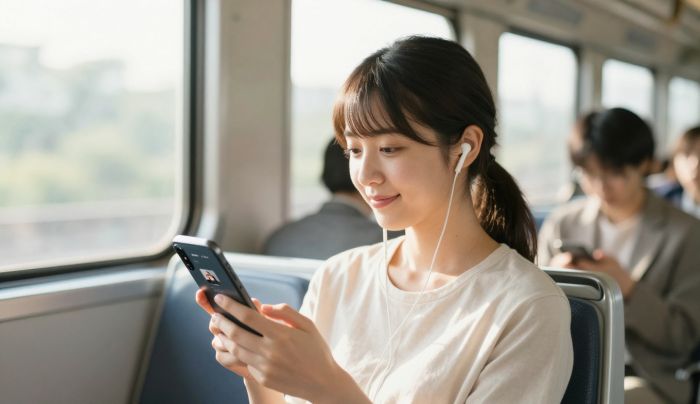 通勤中にスマホとイヤホンでAudibleを聴くイメージ