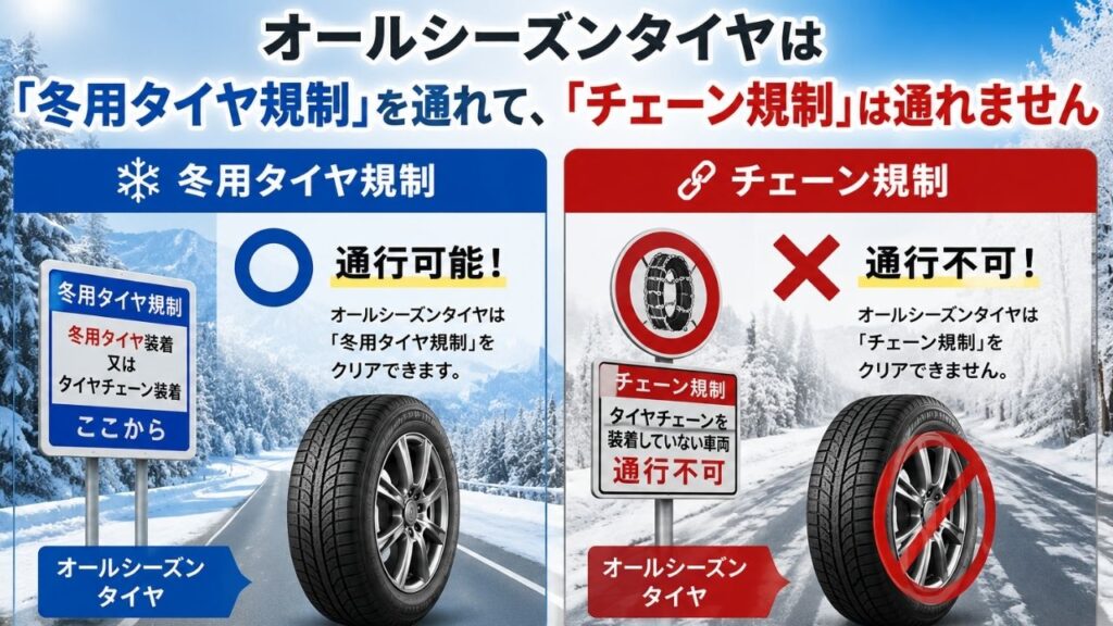 オールシーズンタイヤは「冬用タイヤ規制」を通れて、「チェーン規制」は通れません