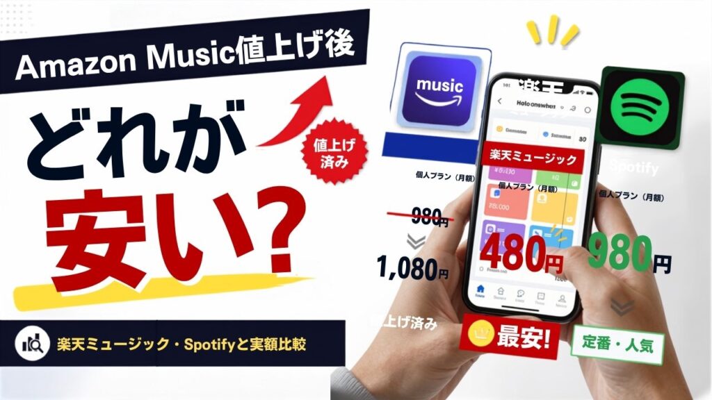 Amazon Musicの値上げ後、音楽サブスクはどれが安い？楽天ミュージック・Spotifyと実額で比較