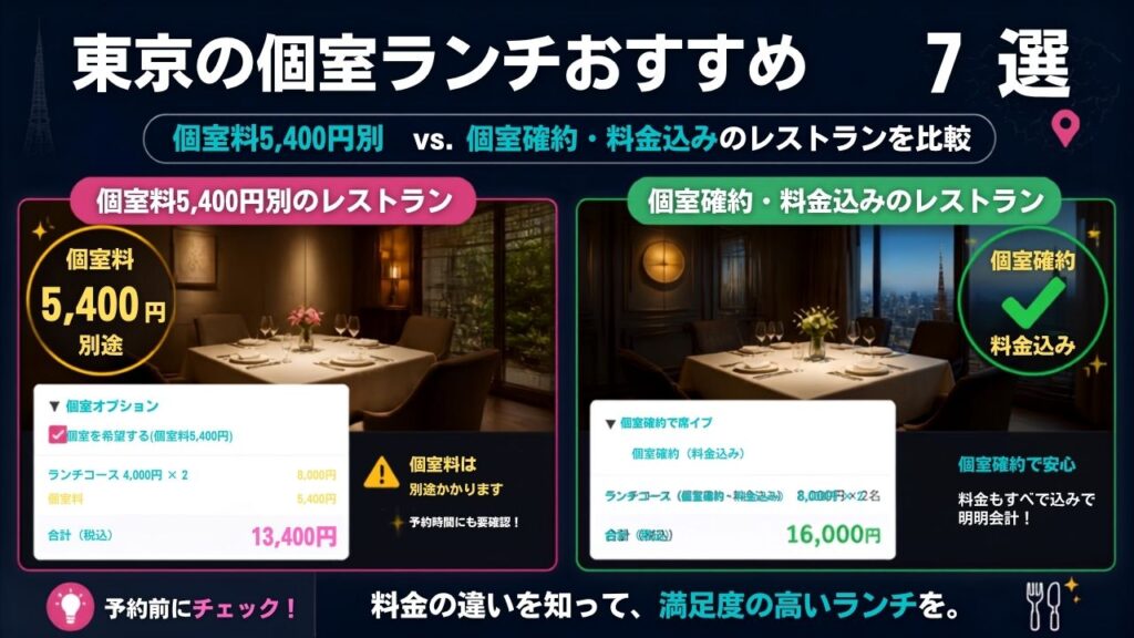 東京の個室ランチ7選。個室料が別で5,400円かかる店と、込みで確約される店