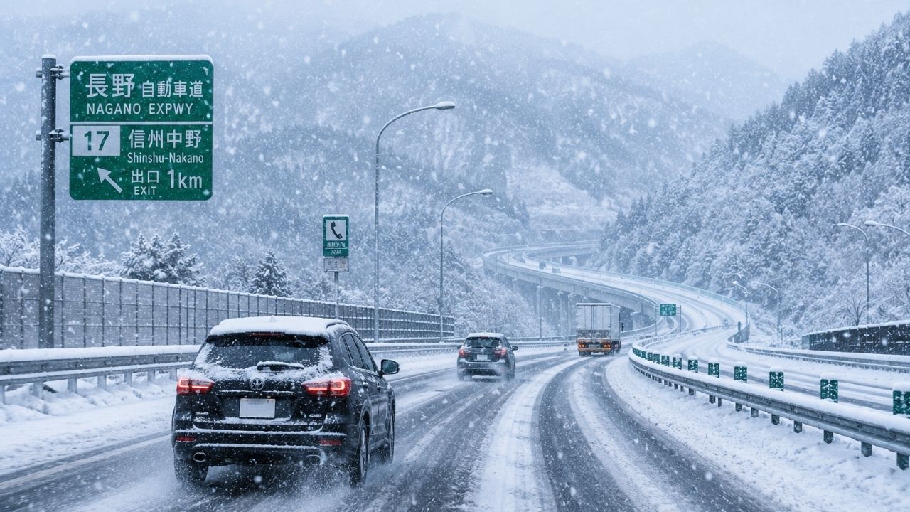 雪が積もった高速道路を走る車のイメージ