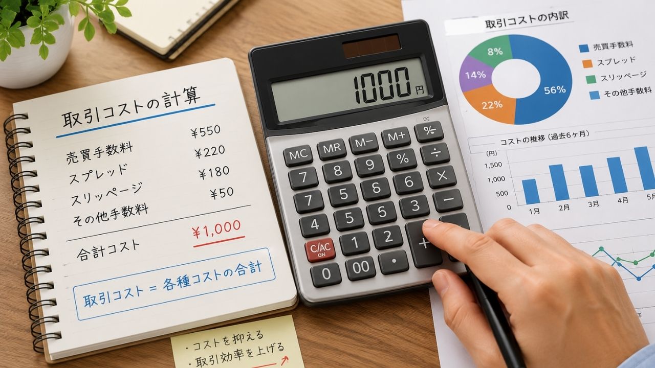 取引コストを電卓で計算しているイメージ