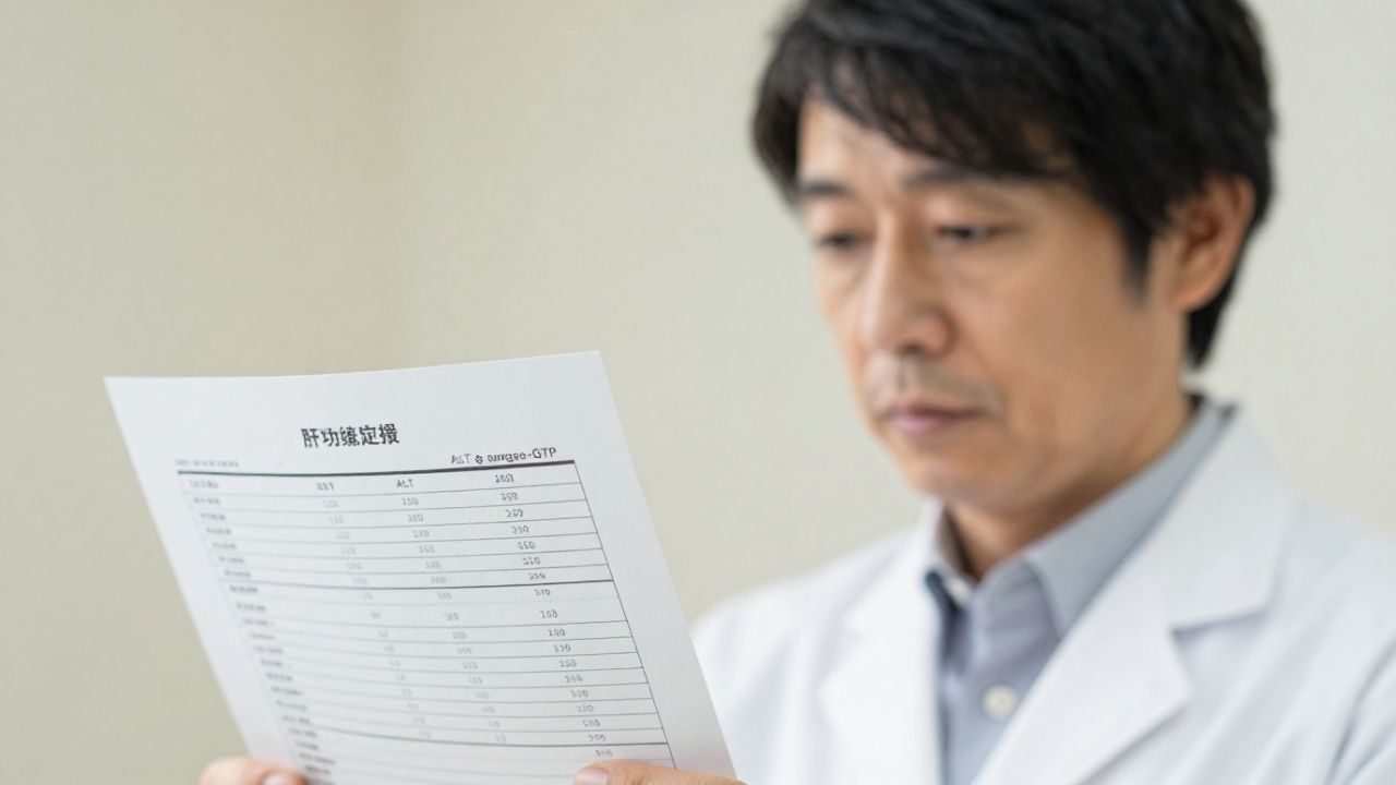 健康診断の結果表で肝機能の数値を確認しているイメージ