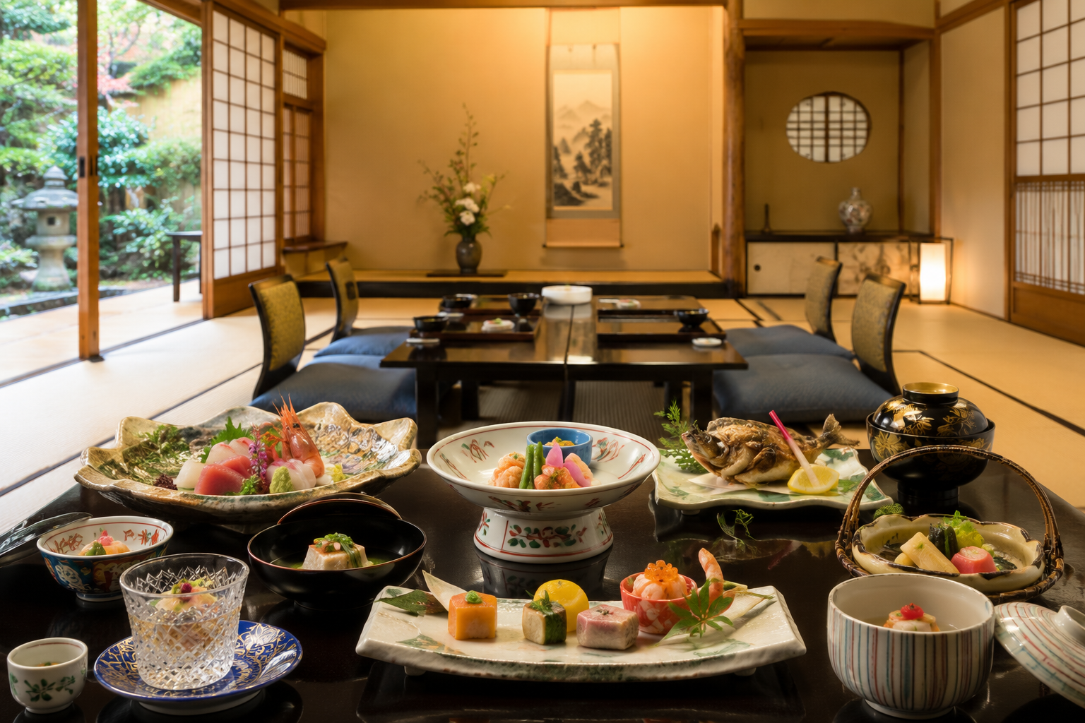 料亭の座敷と懐石料理のイメージ