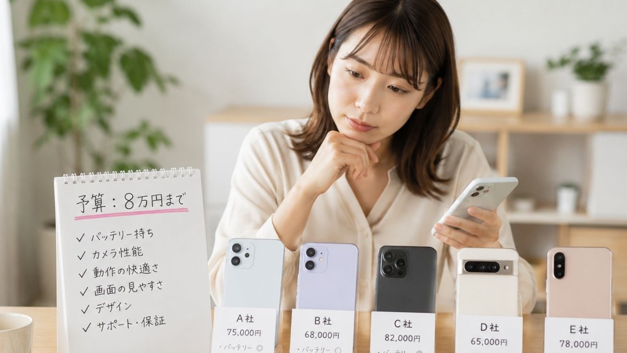 予算を決めてスマートフォンの機種を比較検討しているイメージ