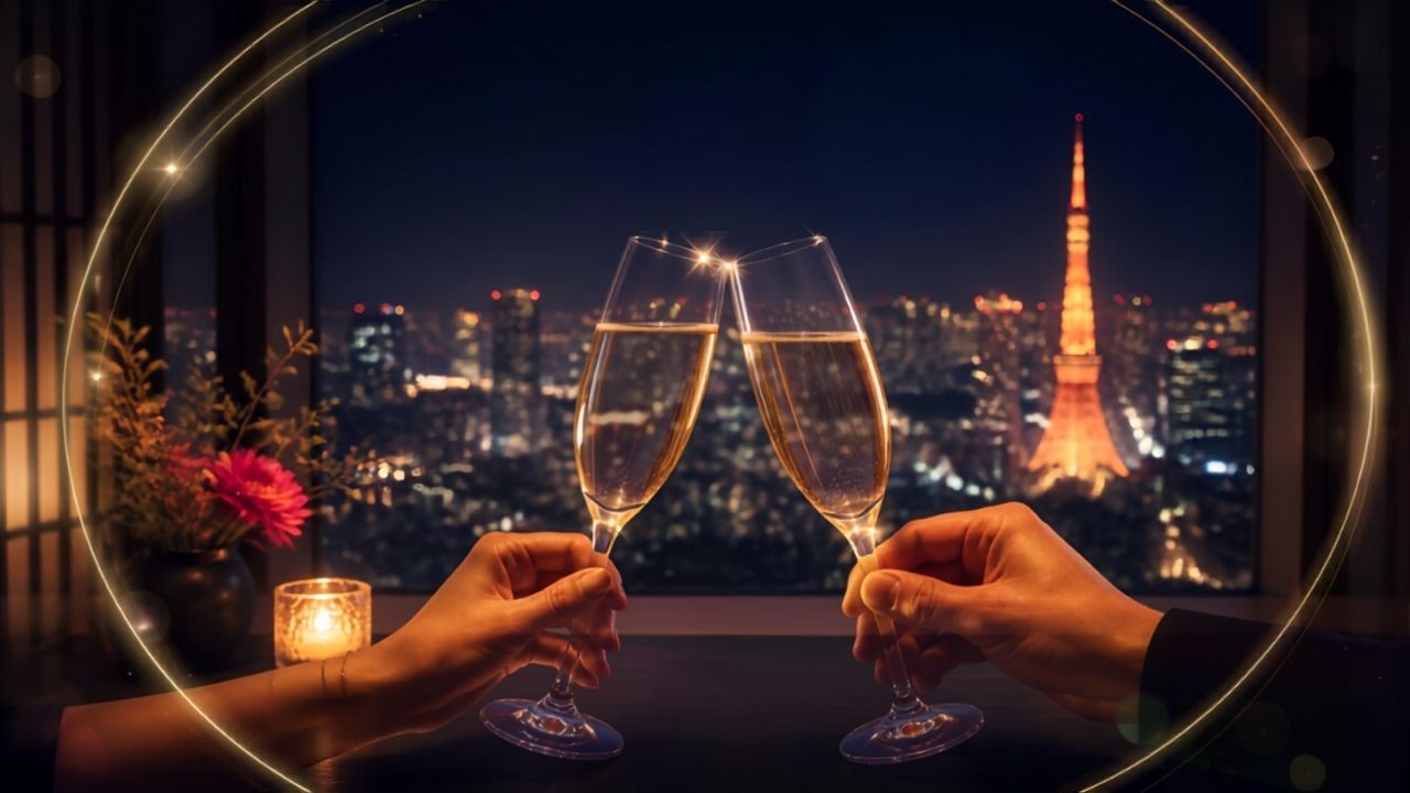 夜景の見える個室でグラスを合わせるイメージ