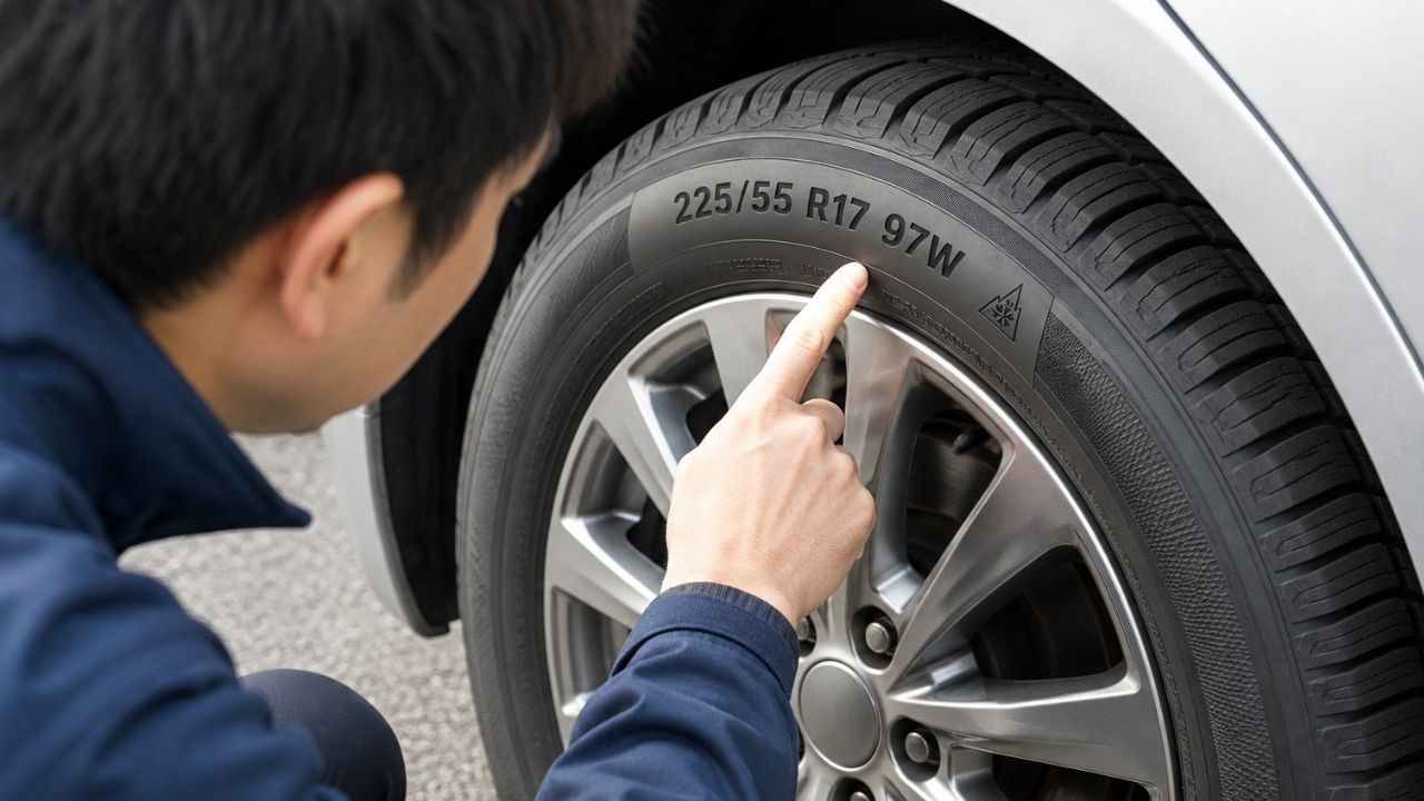 タイヤ側面のマークを確認しているイメージ